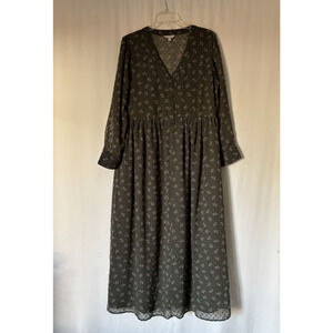 Lucky Brand Maxi Dress Large Long Aline Boho Green Floral Long Sleeve Vneck Fall